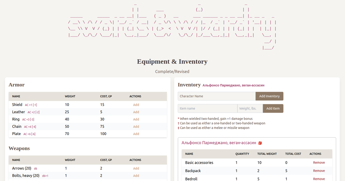 Swords & Wizardry: Equipment & Inventory — Teletype